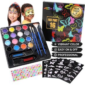 Mosaiz Face Makeup, Face Paint Kit, Halloween and Purim Makeup Palette, Facepaint Set, Face Painting Kit for Kids Party of 16 colors, 2 Metallic Silver and Gold, 3 Brushes 100 Stencils, 2 Hair Chalks in Kuwait