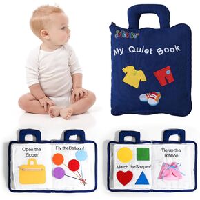 Jollybaby Baby Soft Busy Books -My Quiet Book, Travel Toy & Montessori Sensory Educational, 10 Preschool Learning Activities for 1 2 3 Year Old Toddlers Boy Girl(Blue)