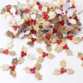 RCFINE 200pcs Mini Triple Leaf Holly Berries Embellishments DIY Crafts Christmas Decorations for Holiday Wreath Arrangement Gift Tag and Card Making (Gold)