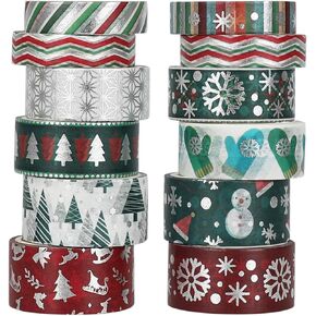 شريط واشي لعطلة عيد الميلاد - مجموعة من 12 لفة من رقائق الفويل الشتوي مع ندفة الثلج، شجرة، غزل، مخططة، مثالية لمجلة رصاص، بطاقة عيد الميلاد، تغليف الهدايا، الحرف اليدوية، المشاريع الفنية للأطفال in Kuwait