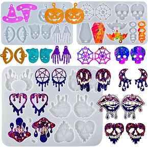 3PCS Halloween Resin Earring Molds, Silicone Jewelry Pendant Keychain Mold with Hanging Hole, Unique Skull Witch Bat Pumpkin Mold for Epoxy Resin Casting Clay, DIY Craft Decor Resin Accessories