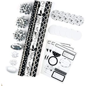 MAYPLUSS Wrapping Paper Set - Mini Roll with Bow & Ribbon & Gift Tags & Stickers- 17 inch X 120 inch Per roll - Black and White Design (42.3 sq.ft.ttl)