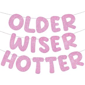 Fulmoon Set of 3 Pre Strung Older Wiser Hotter Glitter Banner Funny Birthday Banner for Women 30th 40th 50th 60th 70th 80th Birthday Party Decorations Sign Gift (Brown)