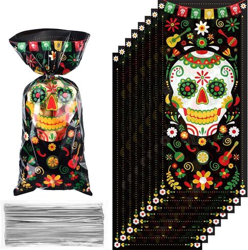 Outus 100 Pieces Day of The Dead Treat Bags, Black Día de Los Muertos Cellophane Plastic Candy Goodie Bags with 100 Silver Twist Ties for Halloween Decorations Day of The Dead Party Supplies in Saudi Arabia