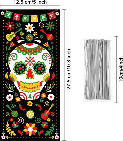 Outus 100 Pieces Day of The Dead Treat Bags, Black Día de Los Muertos Cellophane Plastic Candy Goodie Bags with 100 Silver Twist Ties for Halloween Decorations Day of The Dead Party Supplies in Saudi Arabia