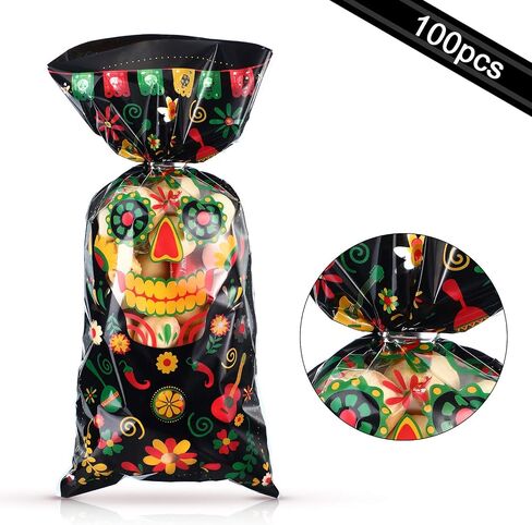 Outus 100 Pieces Day of The Dead Treat Bags, Black Día de Los Muertos Cellophane Plastic Candy Goodie Bags with 100 Silver Twist Ties for Halloween Decorations Day of The Dead Party Supplies in Saudi Arabia