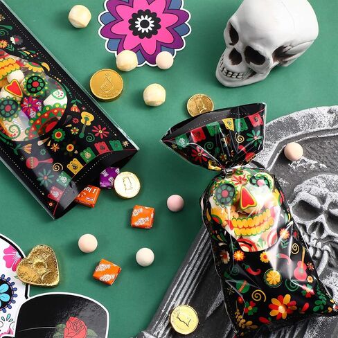 Outus 100 Pieces Day of The Dead Treat Bags, Black Día de Los Muertos Cellophane Plastic Candy Goodie Bags with 100 Silver Twist Ties for Halloween Decorations Day of The Dead Party Supplies in Saudi Arabia