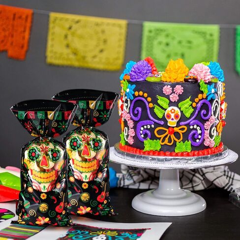 Outus 100 Pieces Day of The Dead Treat Bags, Black Día de Los Muertos Cellophane Plastic Candy Goodie Bags with 100 Silver Twist Ties for Halloween Decorations Day of The Dead Party Supplies in Saudi Arabia