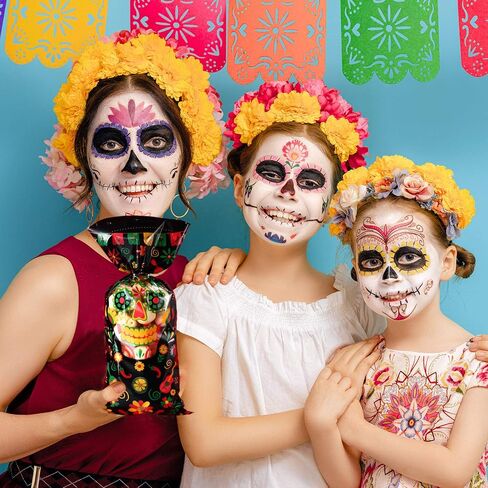 Outus 100 Pieces Day of The Dead Treat Bags, Black Día de Los Muertos Cellophane Plastic Candy Goodie Bags with 100 Silver Twist Ties for Halloween Decorations Day of The Dead Party Supplies in Saudi Arabia