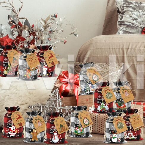Aviski 120Pcs Cotton Christmas Drawstring Bags Buffalo Plaid Xmas Gift Bags Cotton Candy Bags Small Fabric Bags Goody Gift Bags Treat Sacks Reusable Gift Wrapping Bags Holiday Party Favors in Saudi Arabia