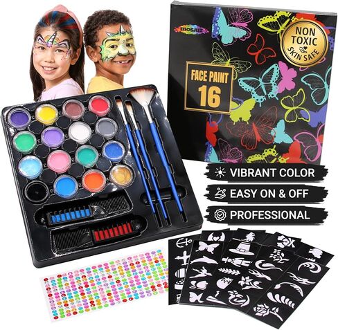 Mosaiz Face Makeup, Face Paint Kit, Halloween and Purim Makeup Palette, Facepaint Set, Face Painting Kit for Kids Party of 16 colors, 2 Metallic Silver and Gold, 3 Brushes 100 Stencils, 2 Hair Chalks in Kuwait
