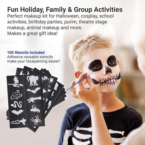 Mosaiz Face Makeup, Face Paint Kit, Halloween and Purim Makeup Palette, Facepaint Set, Face Painting Kit for Kids Party of 16 colors, 2 Metallic Silver and Gold, 3 Brushes 100 Stencils, 2 Hair Chalks in Kuwait