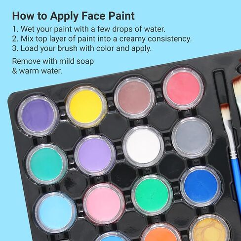 Mosaiz Face Makeup, Face Paint Kit, Halloween and Purim Makeup Palette, Facepaint Set, Face Painting Kit for Kids Party of 16 colors, 2 Metallic Silver and Gold, 3 Brushes 100 Stencils, 2 Hair Chalks in Kuwait