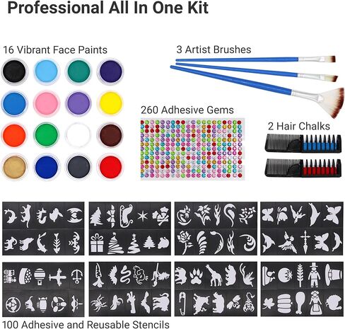 Mosaiz Face Makeup, Face Paint Kit, Halloween and Purim Makeup Palette, Facepaint Set, Face Painting Kit for Kids Party of 16 colors, 2 Metallic Silver and Gold, 3 Brushes 100 Stencils, 2 Hair Chalks in Kuwait