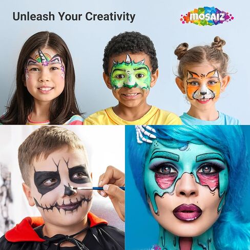 Mosaiz Face Makeup, Face Paint Kit, Halloween and Purim Makeup Palette, Facepaint Set, Face Painting Kit for Kids Party of 16 colors, 2 Metallic Silver and Gold, 3 Brushes 100 Stencils, 2 Hair Chalks in Kuwait