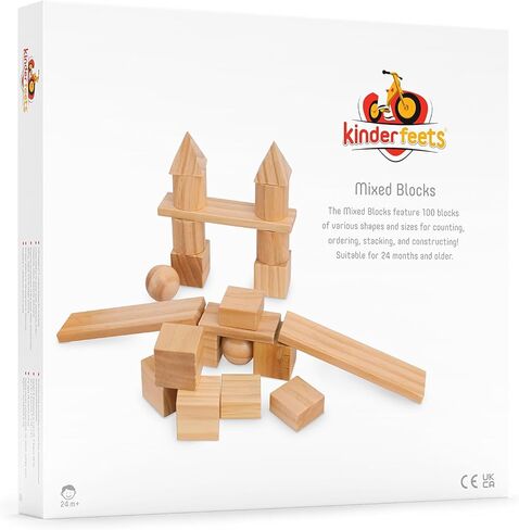 كيندرفيتس كتل مختلطة | 100 قطعة بناء من خشب الصنوبر الصلب مع صينية تخزين خشبية - مكعبات خشبية كلاسيكية للأطفال الصغار بعمر عامين فما فوق (قوس قزح) in Kuwait