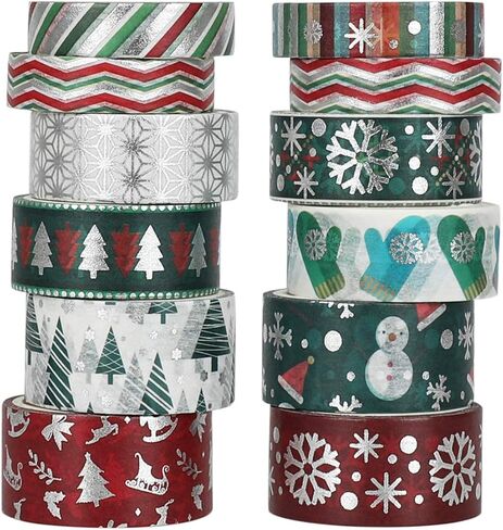 شريط واشي لعطلة عيد الميلاد - مجموعة من 12 لفة من رقائق الفويل الشتوي مع ندفة الثلج، شجرة، غزل، مخططة، مثالية لمجلة رصاص، بطاقة عيد الميلاد، تغليف الهدايا، الحرف اليدوية، المشاريع الفنية للأطفال in Kuwait