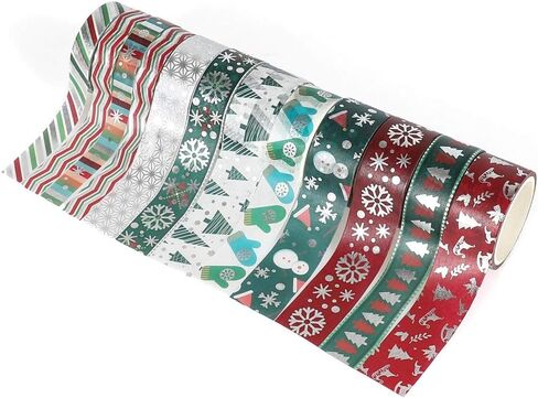 شريط واشي لعطلة عيد الميلاد - مجموعة من 12 لفة من رقائق الفويل الشتوي مع ندفة الثلج، شجرة، غزل، مخططة، مثالية لمجلة رصاص، بطاقة عيد الميلاد، تغليف الهدايا، الحرف اليدوية، المشاريع الفنية للأطفال in Kuwait