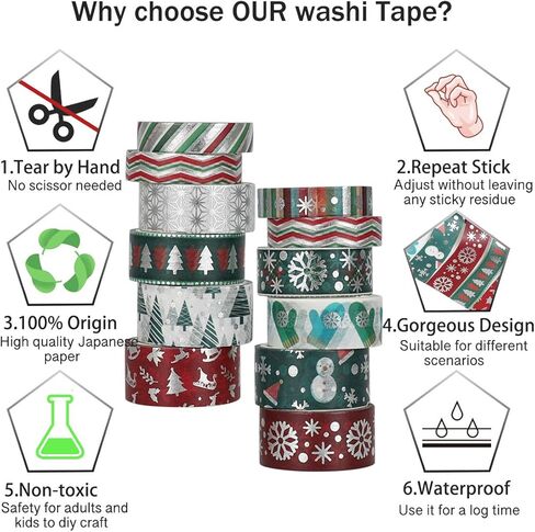 شريط واشي لعطلة عيد الميلاد - مجموعة من 12 لفة من رقائق الفويل الشتوي مع ندفة الثلج، شجرة، غزل، مخططة، مثالية لمجلة رصاص، بطاقة عيد الميلاد، تغليف الهدايا، الحرف اليدوية، المشاريع الفنية للأطفال in Kuwait