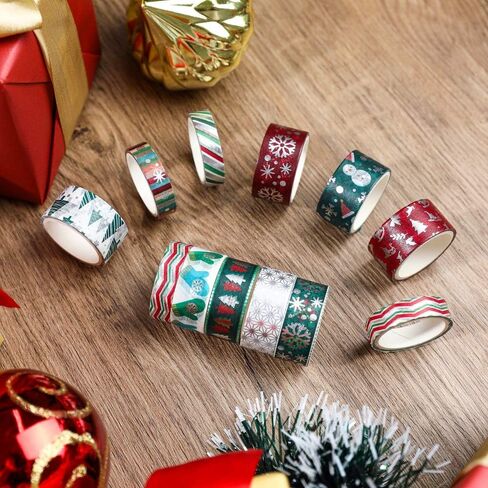 شريط واشي لعطلة عيد الميلاد - مجموعة من 12 لفة من رقائق الفويل الشتوي مع ندفة الثلج، شجرة، غزل، مخططة، مثالية لمجلة رصاص، بطاقة عيد الميلاد، تغليف الهدايا، الحرف اليدوية، المشاريع الفنية للأطفال in Kuwait