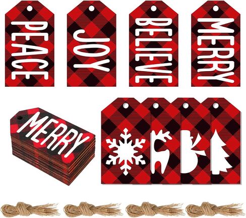 Whaline 80Pcs Christmas Wooden Gift Tag Labels Christmas Wishes Favor Tags Red White Black Plaid Xmas Hanging Labels for Winter Holiday Party Gift Wrapping, 2.2x1.3 in in Saudi Arabia