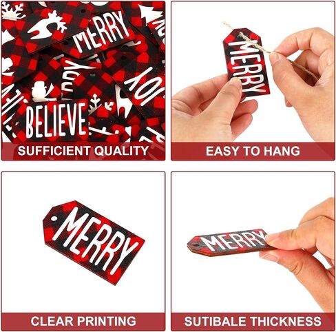 Whaline 80Pcs Christmas Wooden Gift Tag Labels Christmas Wishes Favor Tags Red White Black Plaid Xmas Hanging Labels for Winter Holiday Party Gift Wrapping, 2.2x1.3 in in Saudi Arabia