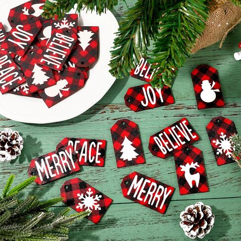 Whaline 80Pcs Christmas Wooden Gift Tag Labels Christmas Wishes Favor Tags Red White Black Plaid Xmas Hanging Labels for Winter Holiday Party Gift Wrapping, 2.2x1.3 in in Saudi Arabia