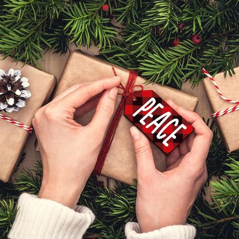 Whaline 80Pcs Christmas Wooden Gift Tag Labels Christmas Wishes Favor Tags Red White Black Plaid Xmas Hanging Labels for Winter Holiday Party Gift Wrapping, 2.2x1.3 in in Saudi Arabia