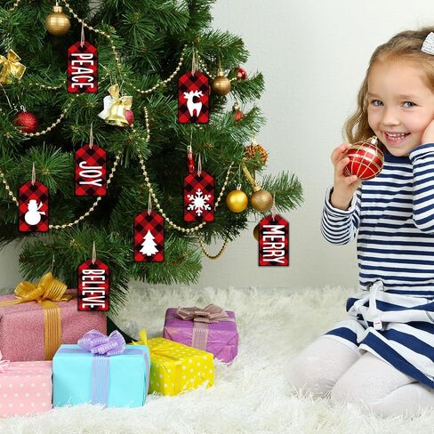 Whaline 80Pcs Christmas Wooden Gift Tag Labels Christmas Wishes Favor Tags Red White Black Plaid Xmas Hanging Labels for Winter Holiday Party Gift Wrapping, 2.2x1.3 in in Saudi Arabia