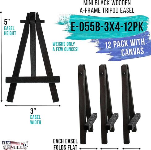 لوحة قماشية ممتدة مقاس 3 × 4 بوصات من US Art Supply مع مجموعة حامل عرض صغيرة من الخشب الأسود مقاس 5 بوصات (عبوة من 12 قطعة)، حامل حامل ثلاثي القوائم للفنان - حفلة الرسم، وحرف الأطفال، ودهانات أكريليك زيتية، ولافتات، وصور in Saudi Arabia