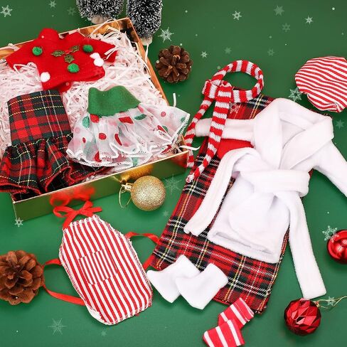 Sumind 10 Pieces Christmas Elf Doll Clothes Accessories Santa Elf Clothing Includes Plaid Elf Accessories with Skirts Nightgown Sleeping Bag Scarf Socks and More(Stylish Style) in Saudi Arabia