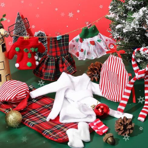 Sumind 10 Pieces Christmas Elf Doll Clothes Accessories Santa Elf Clothing Includes Plaid Elf Accessories with Skirts Nightgown Sleeping Bag Scarf Socks and More(Stylish Style) in Saudi Arabia