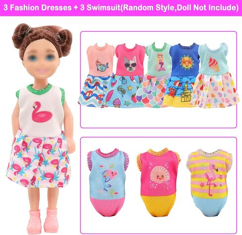 Mini 5.3 inch Doll Clothes and Accessories 6 Beach Swimsuits 3 Dresses with 2 Swimming Rings 2 Drinks 2 Hats 2 Glasses 2 Shoes in Kuwait