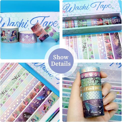 NANYNNU Mermaid Washi Tape Set 12 Rolls - Silver Foil Ocean Washi Masking Tape, Fish Scales Decorative Adhesive for Scrapbooking, Bullet Journals, Kids School Supplies in Kuwait