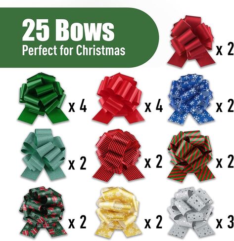 Goldie Days Christmas Pull Bows for Gift Wrapping, 25Pcs, 4.5" Wide, Vibrant Ribbon Bows for Presents, Holiday Décor, & Birthdays - Quick Set-Up for Baskets, Wine Bottles & Christmas Tree Decorations in Kuwait