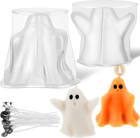 2 Pcs Ghost Candle Molds for Candle Making Silicone 3D Ghost Shape Molds with Candle Wicks Wax Cake Soap Candy Chocolate Mould for DIY Handmade Crafts Haunted House Wedding Party Decor in Saudi Arabia
