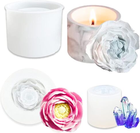 قوالب جص خرسانية لبرطمان الشموع - قالب برطمان شمع خرساني من السيليكون مع قوالب راتنج كبيرة على شكل زهرة الفاوانيا للاغطية in Kuwait