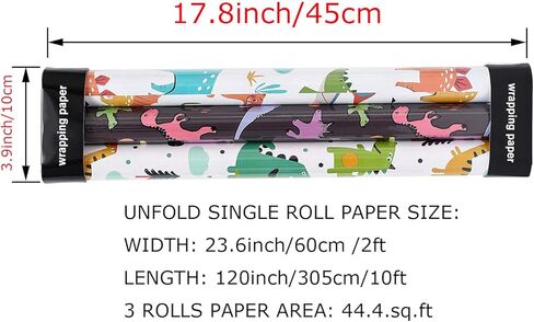 u'cover لطيف ديناصور عيد ميلاد ورق التغليف للبنين بنات أطفال استحمام الطفل 3 أنماط الكرتون الحيوان الوحش هدية ورق التغليف لفة لعطلة الذكرى السنوية التخرج (3 ROLL-44.4 قدم مربع.ttl in Kuwait