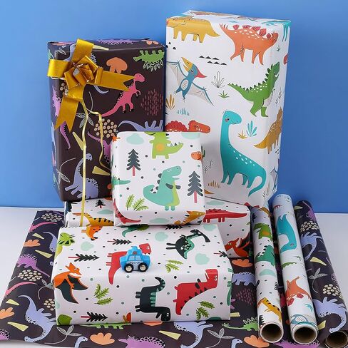 u'cover لطيف ديناصور عيد ميلاد ورق التغليف للبنين بنات أطفال استحمام الطفل 3 أنماط الكرتون الحيوان الوحش هدية ورق التغليف لفة لعطلة الذكرى السنوية التخرج (3 ROLL-44.4 قدم مربع.ttl in Kuwait