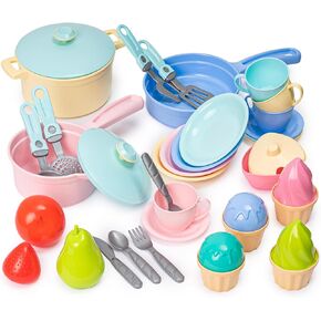 TECHNOK Kids Play Kitchen Accessories - 49 Pcs Play Dishes Cookware Set - Large Toy Pots and Pans for Kids Kitchen Pretend Dishes - Play Food Set - Cooking Utensils - Toy Cooking Set for Girls Boys 3+
