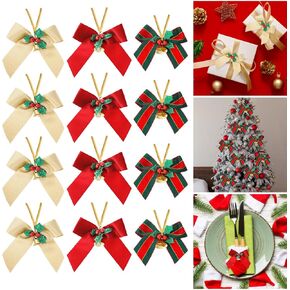 Amaxiu Christmas Bows with Bells, 12 PCS 3.5in Christmas Tree Bows Christmas Mini Bowknot Xmas Hanging Ornament Gift Ribbon Bows for Christmas Decoration Presents (Red)