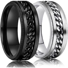 Mens Spinner Ring for Anxiety Relief - 8mm Stainless Steel Black Fidget Anxiety Ring Inlay Curb Chain Jewelry Gift Size 6-14