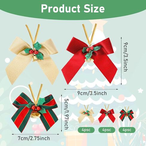 amaxiu عيد الميلاد الأقواس مع أجراس، 12 جهاز كمبيوتر شخصى 3.5in شجرة عيد الميلاد الانحناء عيد الميلاد مصغرة Bowknot عيد الميلاد شنقا زخرفة هدية الأقواس الشريط لهدايا عيد الميلاد الديكور (الأحمر) in Kuwait
