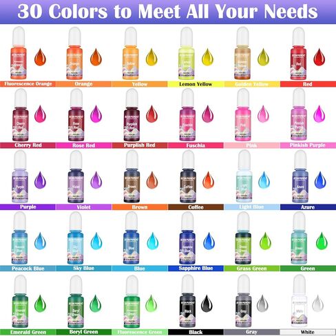 صبغة راتنج ايبوكسي سائلة شفافة عالية التركيز لتلوين الراتنج وصناعة المجوهرات والطلاء والحرف اليدوية - 30 لون - 10 مل لكل منها in Kuwait