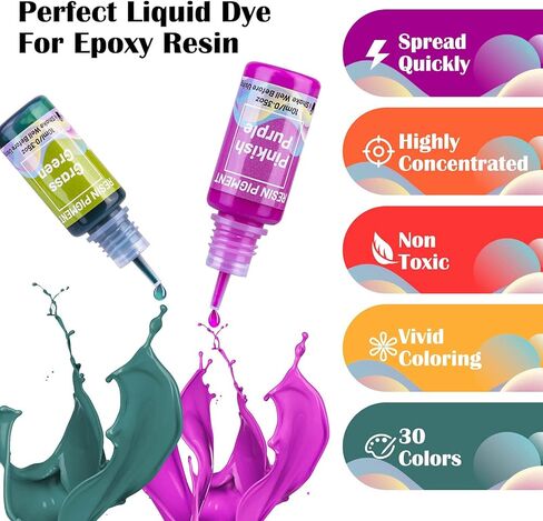صبغة راتنج ايبوكسي سائلة شفافة عالية التركيز لتلوين الراتنج وصناعة المجوهرات والطلاء والحرف اليدوية - 30 لون - 10 مل لكل منها in Kuwait