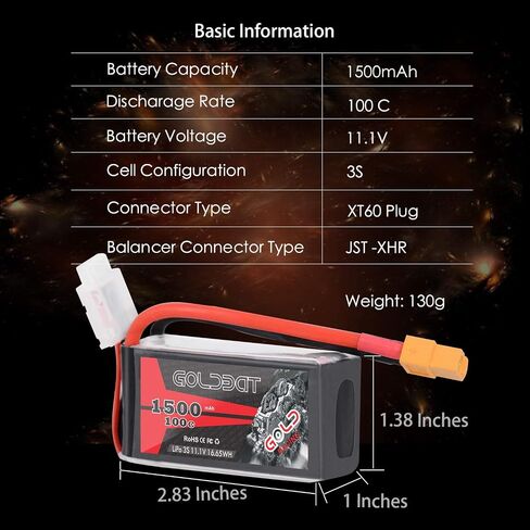 GOLDBAT 1500mAh 3S 11.1V 100C Softcase Lipo Battery Pack with XT60 Plug for Axial Capra, Skylark m4-fpv250, Mini Shredder 200, Qav250, Helicopter Drone and FPV (2 Pack) in Saudi Arabia