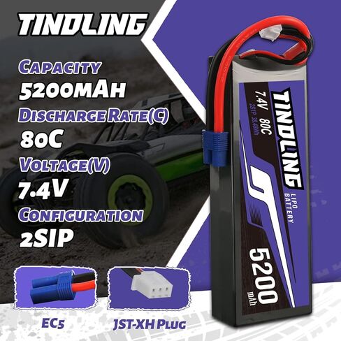 TINDLING 2S Lipo Battery 7.4V 5200mAh 80C حافظة صلبة مع قابس EC3 لـ 1/8 1/10 RC مقياس المركبات والشاحنات والقوارب نماذج RC أجزاء هواية DIY (عبوتان) in Kuwait