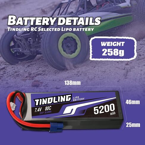 TINDLING 2S Lipo Battery 7.4V 5200mAh 80C حافظة صلبة مع قابس EC3 لـ 1/8 1/10 RC مقياس المركبات والشاحنات والقوارب نماذج RC أجزاء هواية DIY (عبوتان) in Kuwait