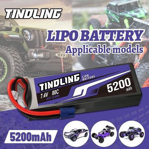 TINDLING 2S Lipo Battery 7.4V 5200mAh 80C حافظة صلبة مع قابس EC3 لـ 1/8 1/10 RC مقياس المركبات والشاحنات والقوارب نماذج RC أجزاء هواية DIY (عبوتان) in Kuwait