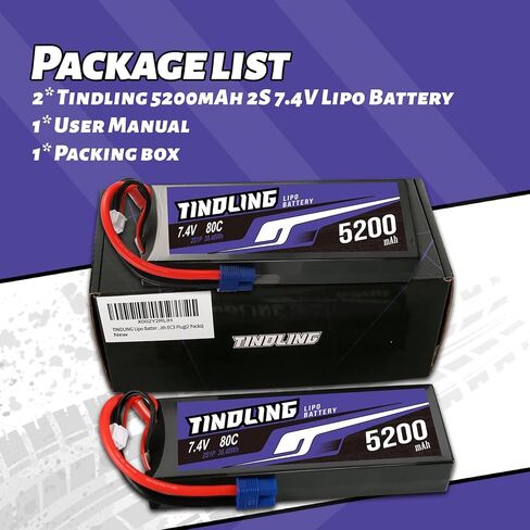 TINDLING 2S Lipo Battery 7.4V 5200mAh 80C حافظة صلبة مع قابس EC3 لـ 1/8 1/10 RC مقياس المركبات والشاحنات والقوارب نماذج RC أجزاء هواية DIY (عبوتان) in Kuwait